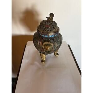 Vintage Chinese Cloisonné Censer Incense Burner Tripod Foo Dog Lion Mask